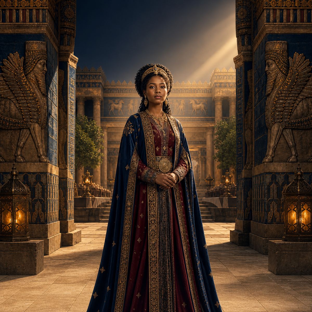 Illustrated depiction of Queen Esther standing in a Persian palace courtyard