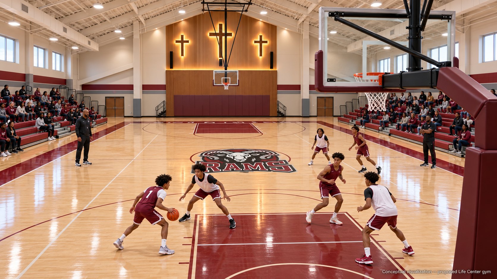Conceptual visualization of the proposed Life Center gymnasium, with the Rams logo at center court and players in burgundy and white